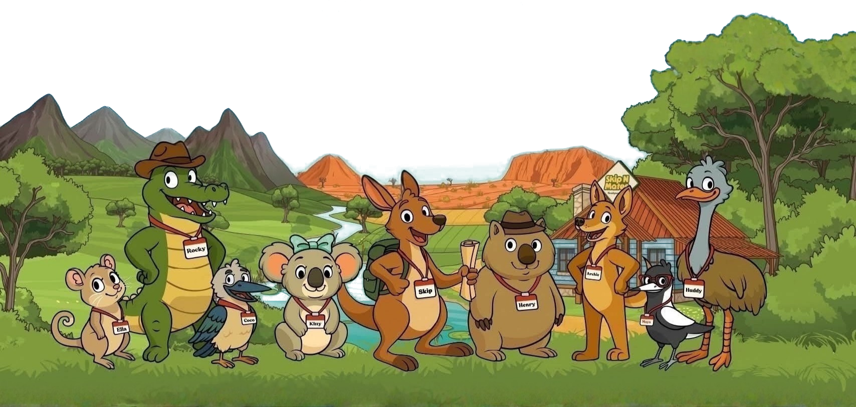 The Skip N Mates cast together in the Australian outback: Skip the kangaroo and his mates